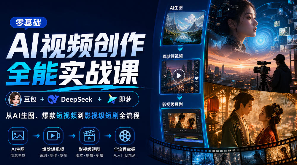 零基础AI视频创作全能实战课｜豆包+DeepSeek+即梦，从AI生图、爆款短视频到影视级短剧全流程-驿想项目网