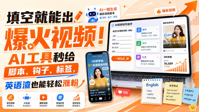 填空就能出爆火视频！AI工具秒给脚本、钩子、标签，英语渣也能轻松涨粉【原创双语字幕】-驿想项目网