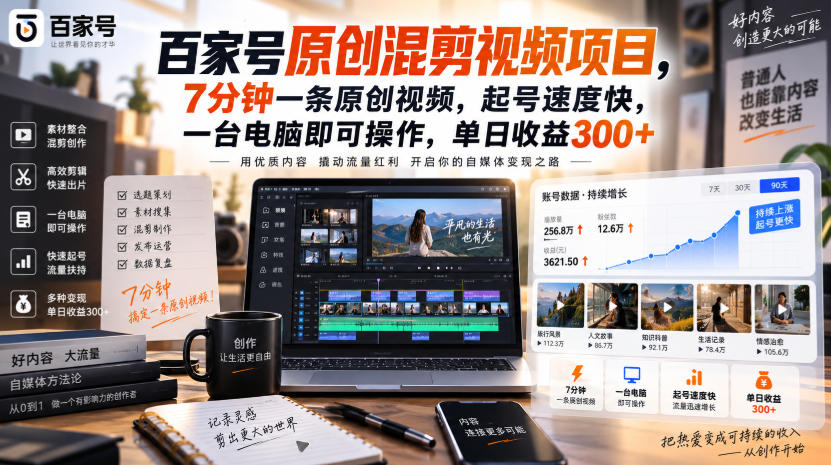百家号原创混剪视频项目,7分钟一条原创视频,起号速度快,一台电脑即可操作,单日收益300+-驿想项目网