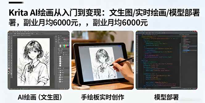 (16222期)Krita AI绘画从入门到变现:文生图/实时绘画/模型部署,副业月均6000元-驿想项目网