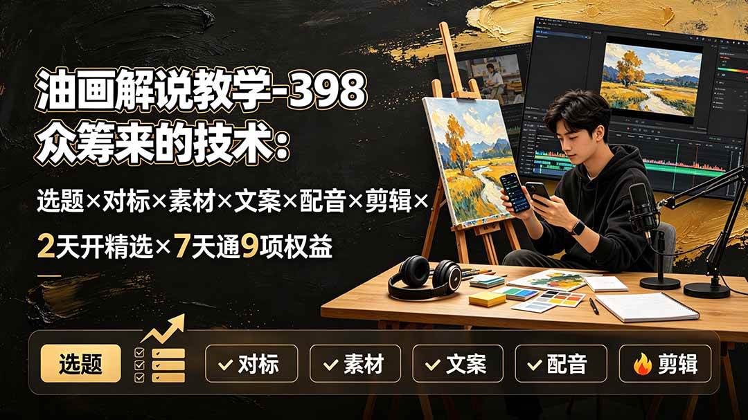（19587期）油画解说教学-398众筹来的技术-刯新：选题×对标×素材×文案×配音×剪辑×2天开精选×7天通9项权益-驿想项目网