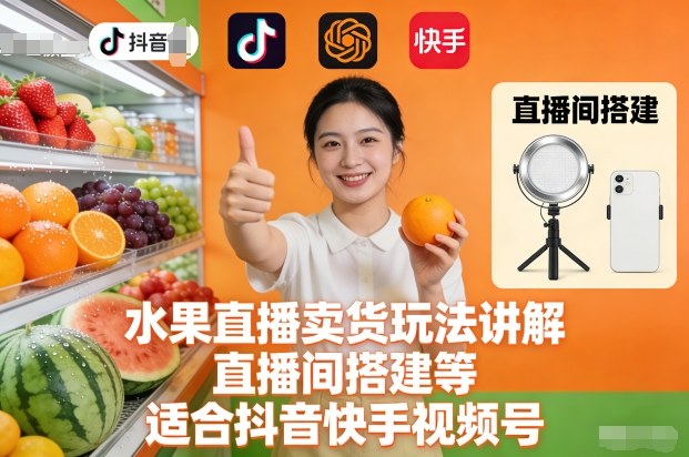 水果直播卖货玩法讲解、直播间搭建等,适合抖音快手视频号-驿想项目网