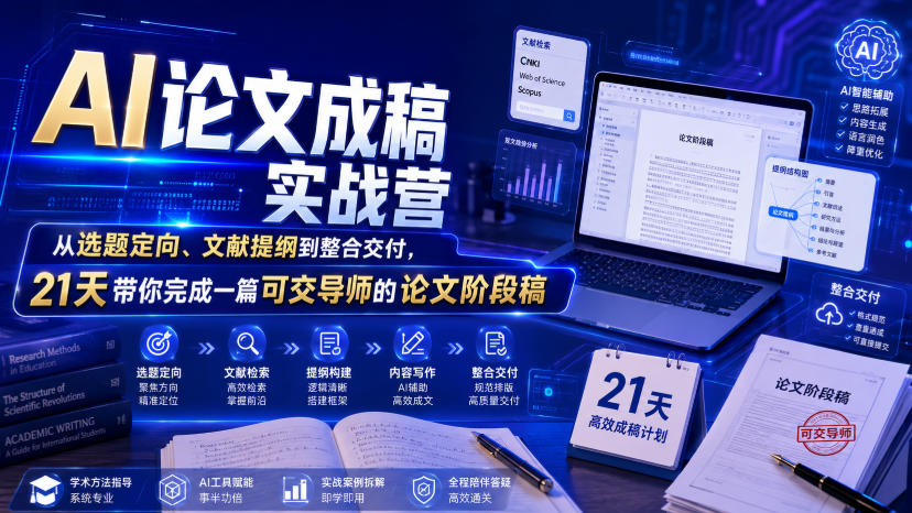 AI论文成稿实战营，从选题定向、文献提纲到整合交付，21天带你完成一篇可交导师的论文阶段稿-驿想项目网