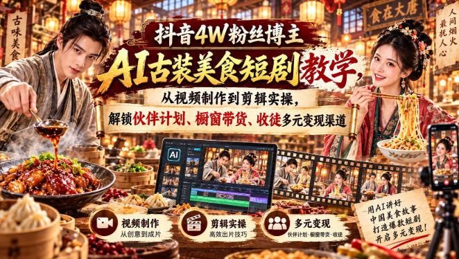 抖音4W粉丝博主AI古装美食短剧教学,从视频制作到剪辑实操,解锁伙伴计划、橱窗带货、收徒多元变现渠道-驿想项目网