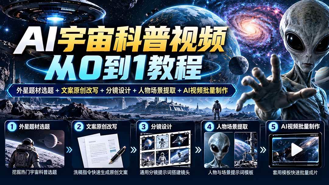 （20774期）AI宇宙科普视频从0到1教程｜外星题材选题+文案原创改写+分镜设计+人物场景提取+AI视频批量制作-驿想项目网