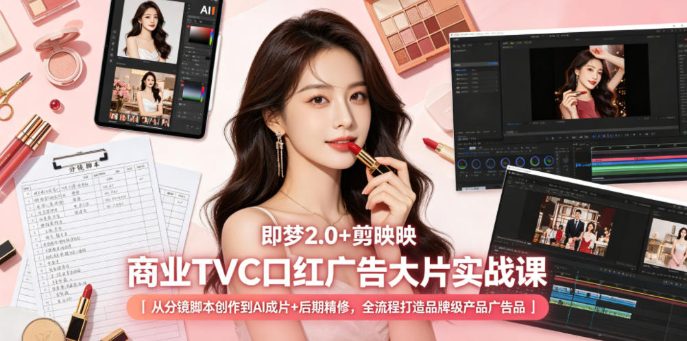 即梦2.0+剪映商业TVC口红广告大片实战课｜从分镜脚本创作到AI成片+后期精修，全流程打造品牌级产品广告-驿想项目网