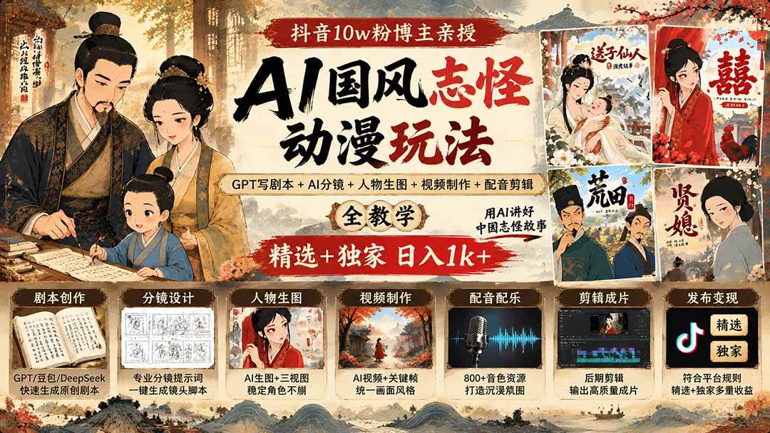 （20538期）抖音10w粉博主亲授AI国风志怪动漫玩法｜GPT写剧本+AI分镜+人物生图+视频制作+配音剪辑全教学｜精选+独家日入1k+-驿想项目网