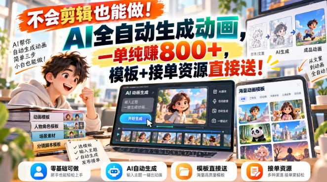 不会剪辑也能做!AI全自动生成动画,一单纯賺800+,模板+接单资源直接送!【揭秘】-驿想项目网