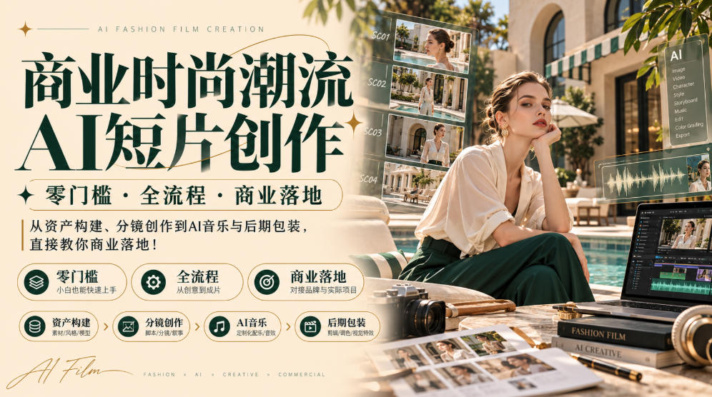 商业时尚潮流AI短片创作｜零门槛・全流程・商业落地，从资产构建、分镜创作到AI音乐与后期包装，直接教你商业落地！-驿想项目网