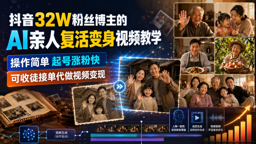 抖音32W粉丝博主的AI亲人复活变身视频教学,操作简单,起号涨粉快,可收徒接单代做视频变现 抖音32W粉丝博主的AI亲人复活变身视频教学,操作简单,起号涨粉快,可收徒接单代做视频变现