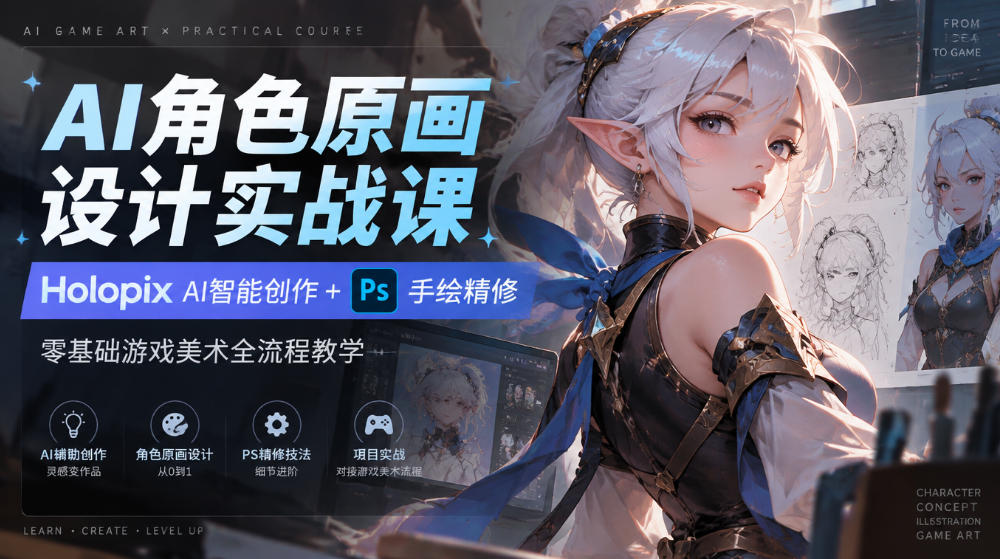 AI角色原画设计实战课｜Holopix AI智能创作+PS手绘精修，零基础游戏美术全流程教学-驿想项目网