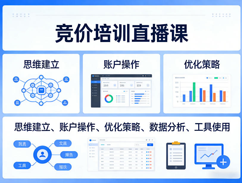 竞价培训直播课，覆盖思维建立、账户操作、优化策略、数据分析、工具使用等，全方位提升效果-驿想项目网