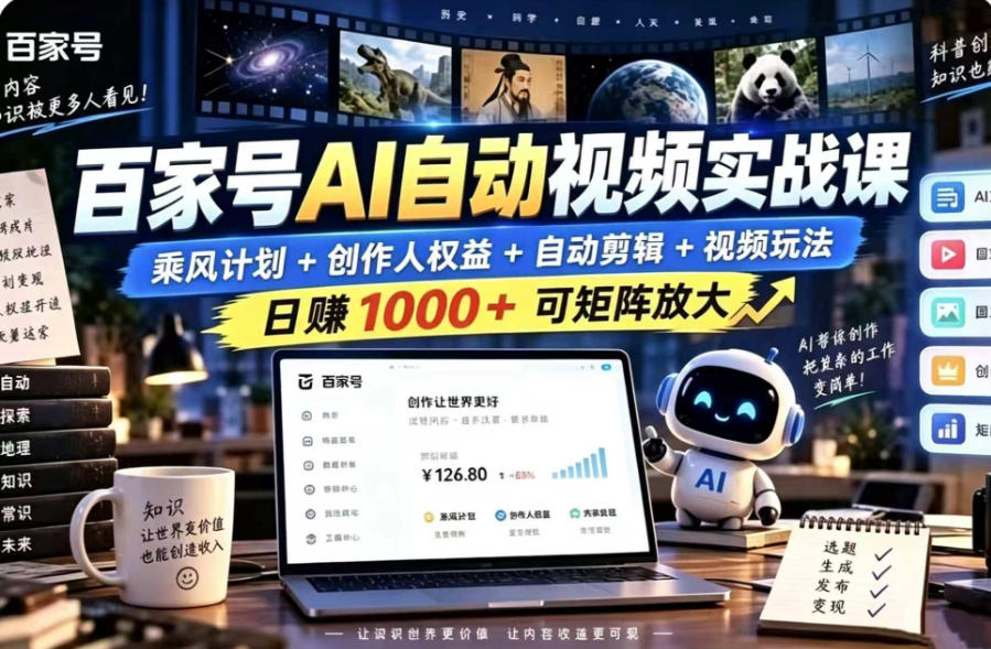 百家号自动矩阵玩法，长期可以做的项目，日入1k+，真正的睡后收入-驿想项目网