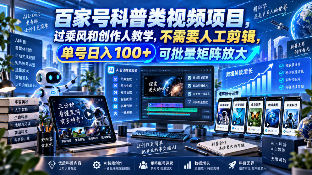百家号科普类视频项目，过乘风和创作人教学，不需要人工剪辑，单号日入100+可批量矩阵放大-驿想项目网