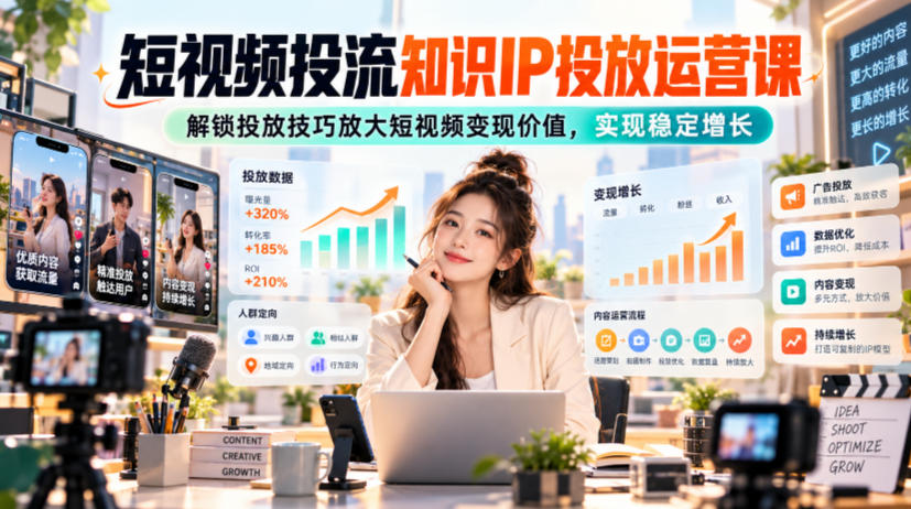 短视频投流知识IP投放运营课，解锁投放技巧放大短视频变现价值，实现稳定增长-驿想项目网