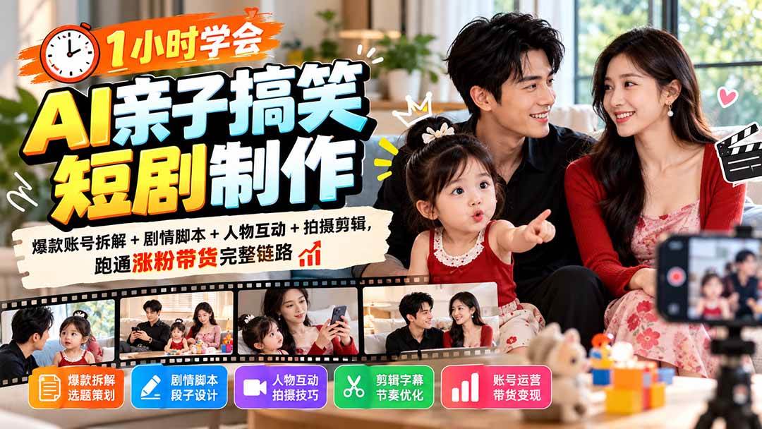 （20807期）1小时学会AI亲子搞笑短剧制作：爆款账号拆解+剧情脚本+人物互动+拍摄剪辑，跑通涨粉带货完整链路-驿想项目网