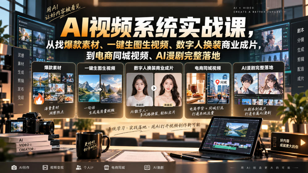 AI视频系统实战课，从找爆款素材、一键生图生视频、数字人换装商业成片，到电商同城视频、AI漫剧完整落地-驿想项目网