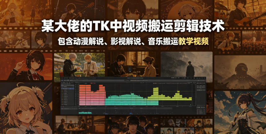 某大佬的TK中视频搬运剪辑技术，包含动漫解说、影视解说、音乐搬运教学视频-驿想项目网