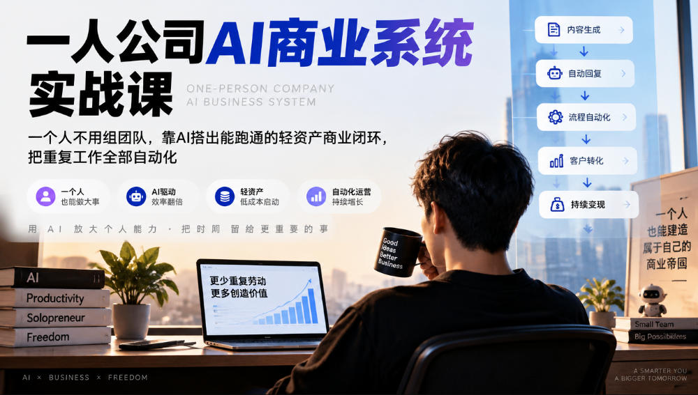 一人公司AI商业系统实战课，一个人不用组团队，靠AI搭出能跑通的轻资产商业闭环，把重复工作全部自动化-驿想项目网