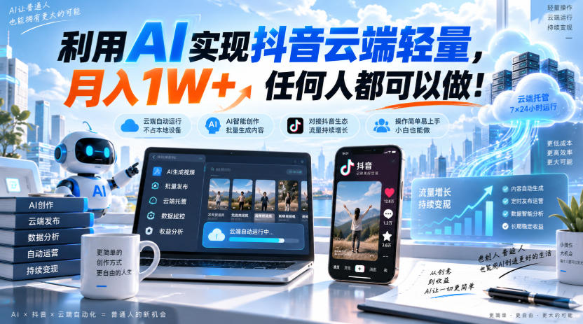 利用AI实现抖音云端轻量，月入1W+，任何人都可以做！【揭秘】-驿想项目网