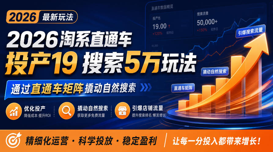 2026淘系直通车投产19搜索5万玩法，通过直通车矩阵撬动自然搜索，帮助商家优化投产，引爆店铺搜索流量-驿想项目网