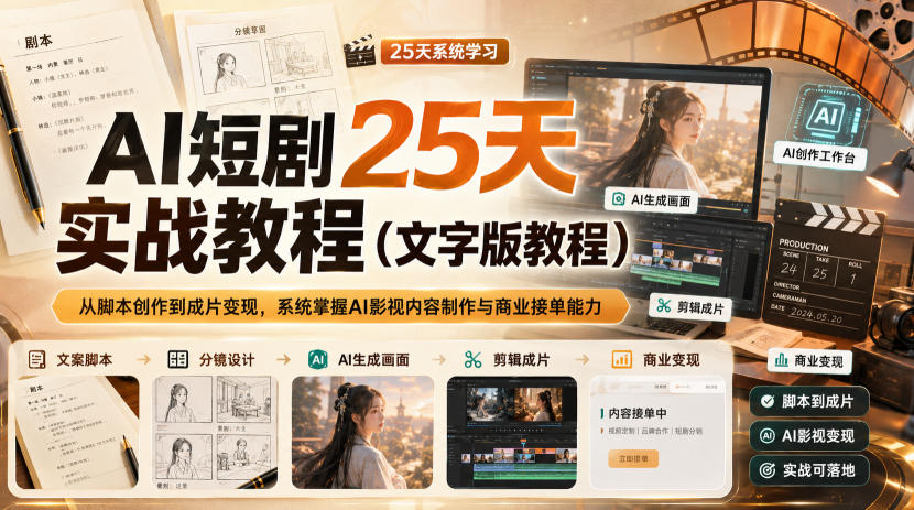 AI短剧25天实战教程（文字版教程），从脚本创作到成片变现，系统掌握AI影视内容制作与商业接单能力-驿想项目网