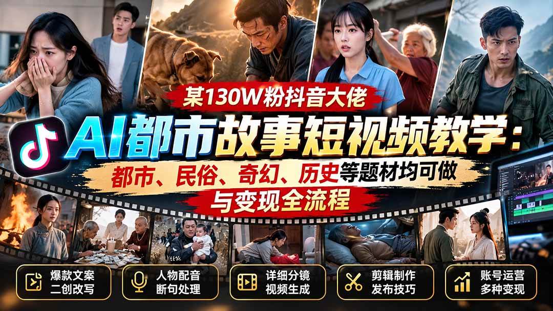 （20692期）某130W粉抖音大佬AI都市故事短视频教学：都市、民俗、奇幻、历史等题材均可做与变现全流程-驿想项目网