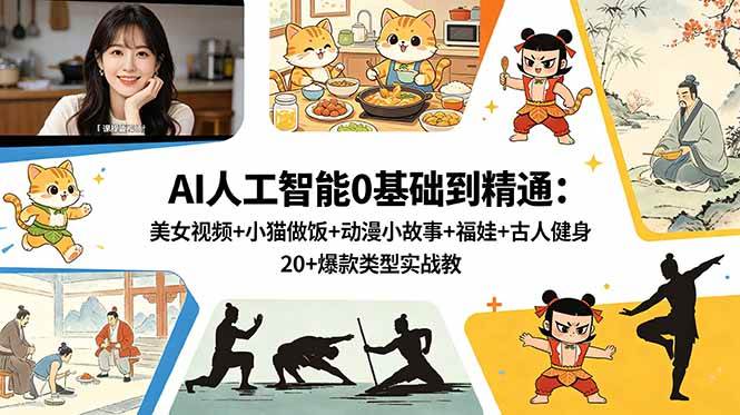 （18685期）AI人工智能0基础到精通：美女视频+小猫做饭+动漫小故事+福娃+古人健身，20+爆款类型实战教学-驿想项目网