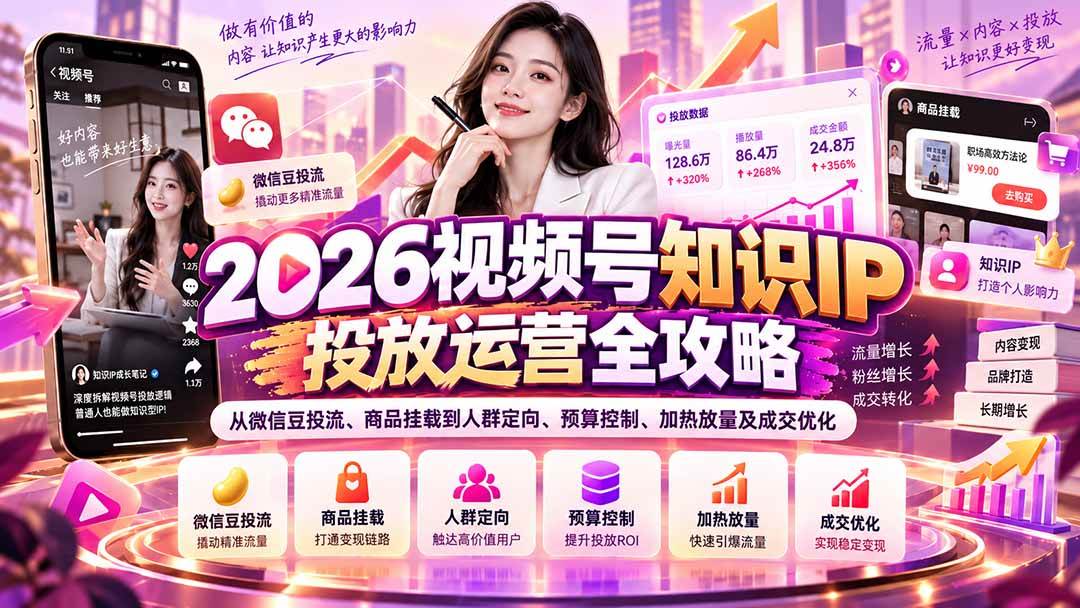 （20860期）2026视频号知识IP投放运营全攻略：从微信豆投流、商品挂载到人群定向、预算控制、加热放量及成交优化-驿想项目网