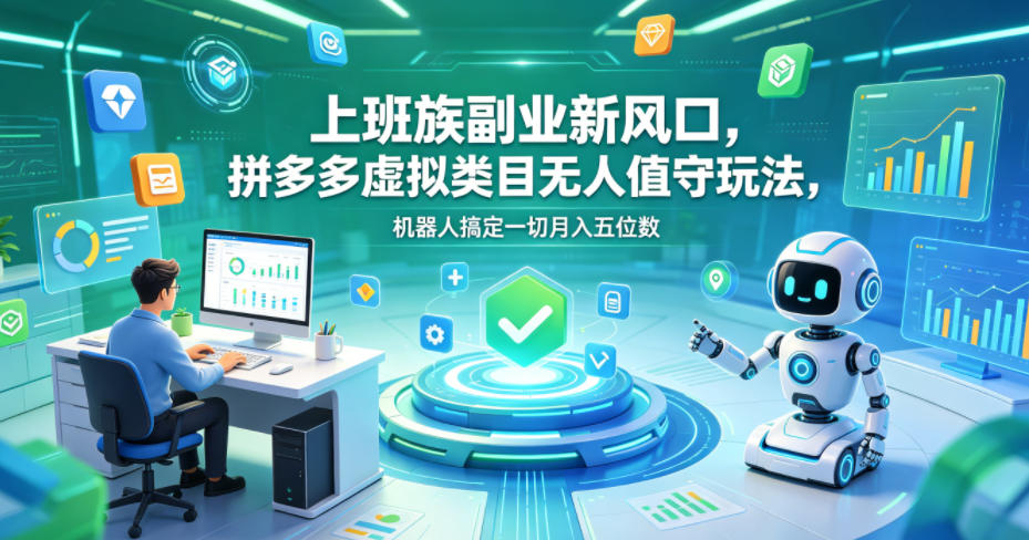上班族副业新风口，拼多多虚拟类目无人值守玩法，机器人搞定一切月入五位数【揭秘】-驿想项目网