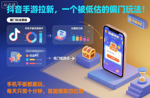 抖音手游拉新，一个被低估的偏门玩法！手机平板都能玩，每天只需十分钟，就能賺取四位数【揭秘】-驿想项目网
