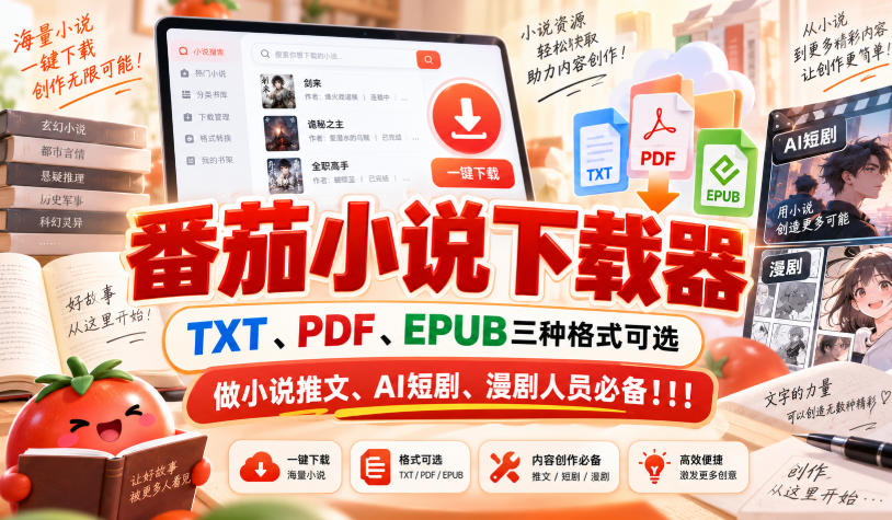 番茄小说下载器,TXT、PDF、EPUB三种格式可选,做小说推文、AI短剧、漫剧人员必备!!!-驿想项目网
