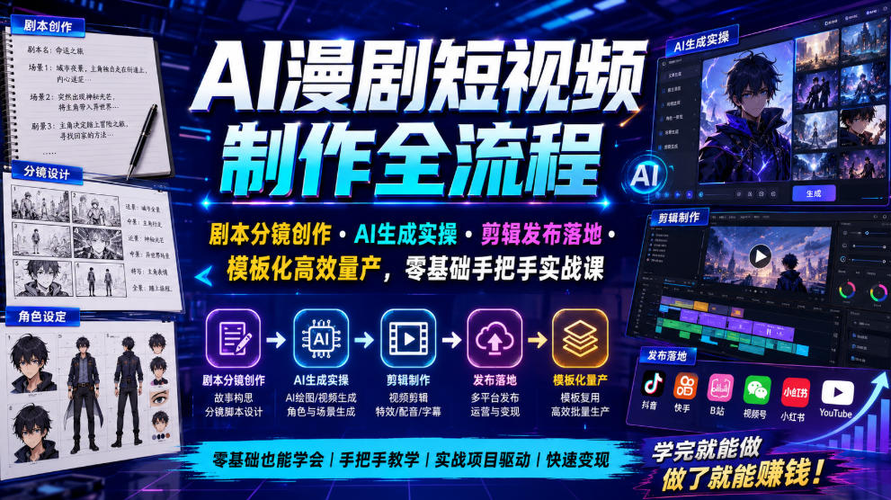 AI漫剧短视频制作全流程｜剧本分镜创作・AI生成实操・剪辑发布落地・模板化高效量产，零基础手把手实战课-驿想项目网