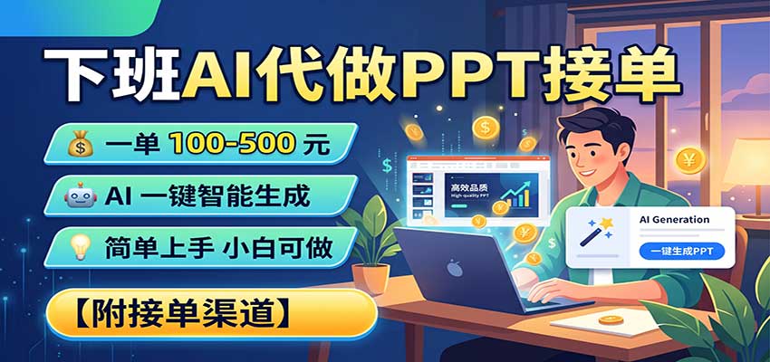 下班AI代做PPT接单，一单100-500，AI一键生成，小白也能做，附接单渠道-驿想项目网