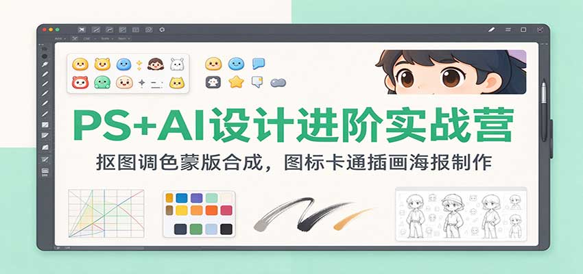 PS+AI设计进阶实战营：抠图调色蒙版合成，图标卡通插画海报制作-驿想项目网