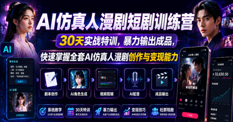 AI仿真人漫剧短剧训练营,30天实战特训,暴力输出成品,快速掌握全套AI仿真人漫剧创作与变现能力-驿想项目网