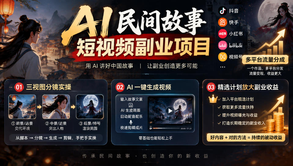 AI民间故事短视频副业项目，多平台流量分成，三视图分镜实操，精选计划放大副业收益-驿想项目网