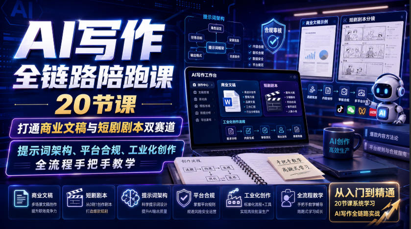 AI写作全链路陪跑课｜20节课打通商业文稿与短剧剧本双赛道，提示词架构、平台合规、工业化创作全流程手把手教学-驿想项目网