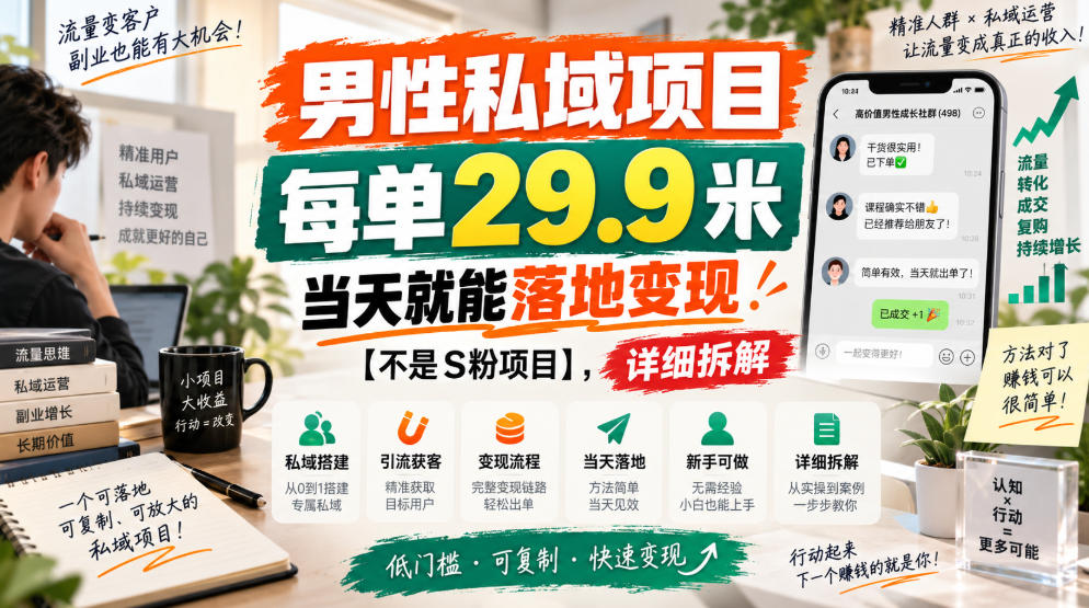 男性私域项目，每单29.9米，当天就能落地变现【不是S粉项目】，详细拆解-驿想项目网