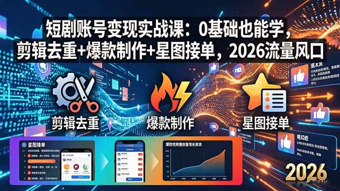 （18160期）短剧账号变现实战课：0基础也能学，剪辑去重+爆款制作+星图接单，2026流量风口-驿想项目网