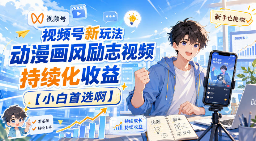 视频号新玩法动漫画风励志视频，持续化收益【小白首选啊】-驿想项目网