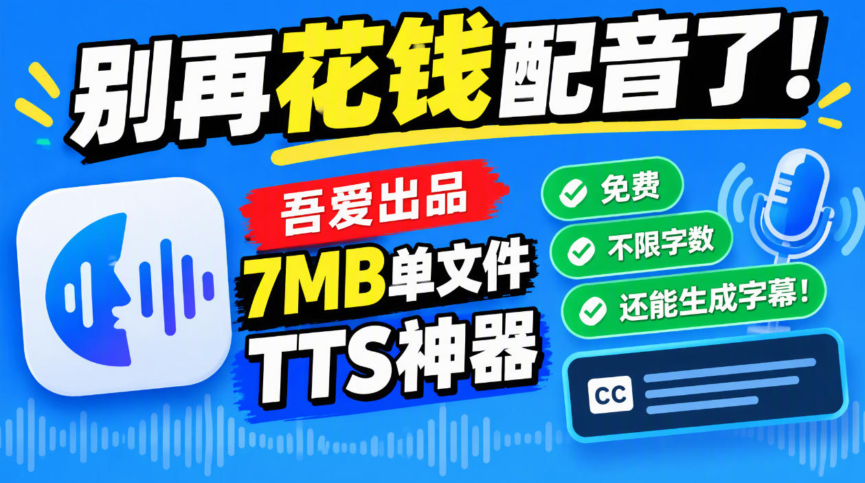 别再花钱配音了！吾爱出品7MB单文件TTS神器，免费不限字数还能生成字幕！-驿想项目网