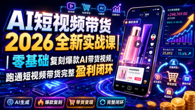 AI短视频带货2026全新实战课|零基础复刻爆款AI带货视频,跑通短视频带货完整盈利闭环-驿想项目网