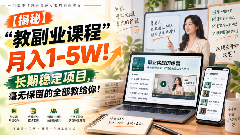 【揭秘】“教副业课程”月入1-5W!长期稳定项目,毫无保留的全部教给你!-驿想项目网