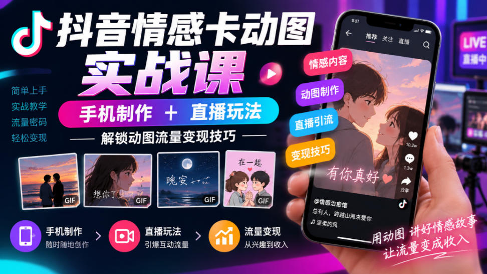 抖音情感卡动图实战课｜手机制作+直播玩法，解锁动图流量变现技巧-驿想项目网