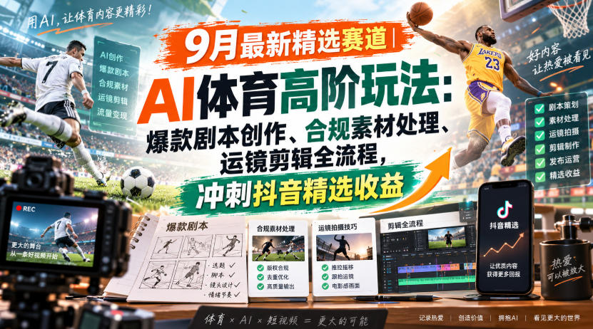 某大佬的9月最新精选赛道之AI体育顶级玩法，爆款剧本创作、版权规避、运镜剪辑全流程，稳拿抖音精选收益-驿想项目网