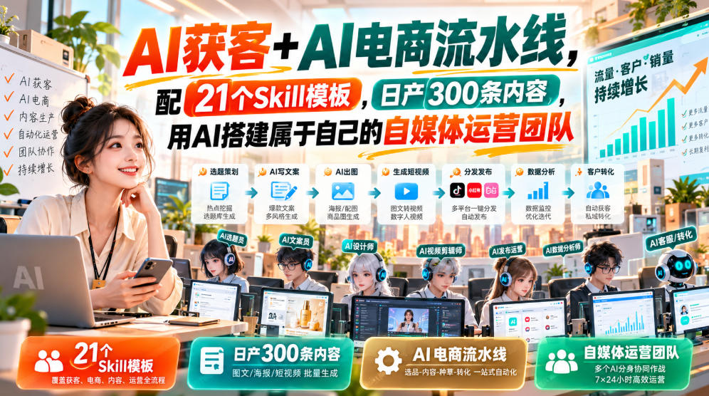AI获客+AI电商流水线，配21个Skill模板，日产300条内容，用AI搭建属于自己的自媒体运营团队-驿想项目网