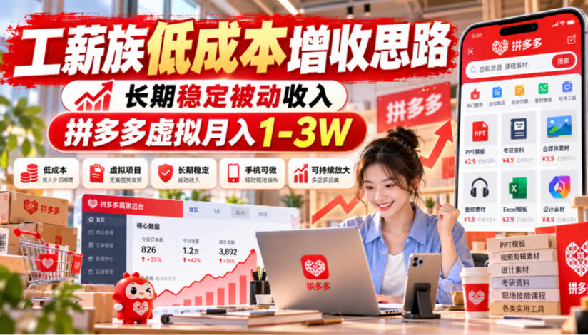 工薪族低成本增收思路，长期稳定被动收入，拼多多虚拟月入1-3W-驿想项目网
