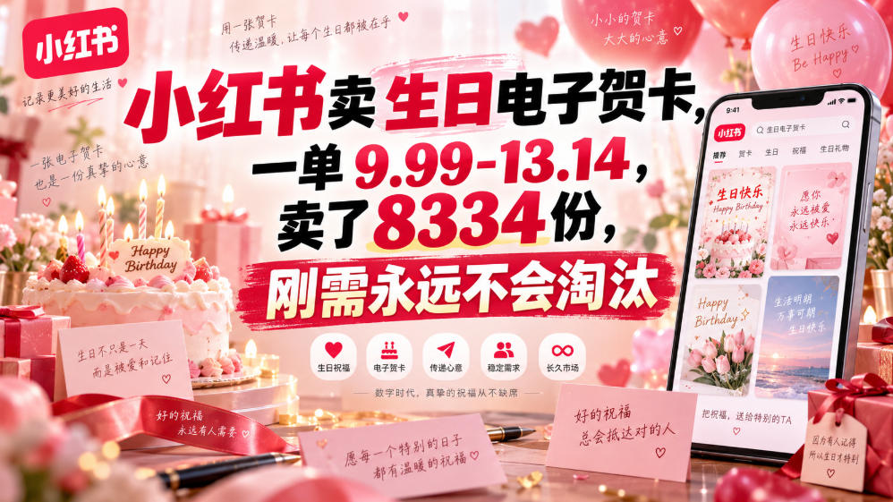 小红书卖生日电子贺卡,一单9.99-13.14,卖了8334份,刚需永远不会淘汰-驿想项目网