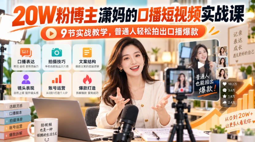20W粉博主潇妈的口播短视频实战课，9节实战教学，普通人轻松拍出口播爆款-驿想项目网